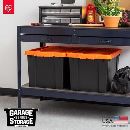 IRIS USA 4 Pack Lockable Storage Bins, Heavy Duty Stackable Containers with Lids for Garage Organization or Moving, 20 Gallon, Black/Orange