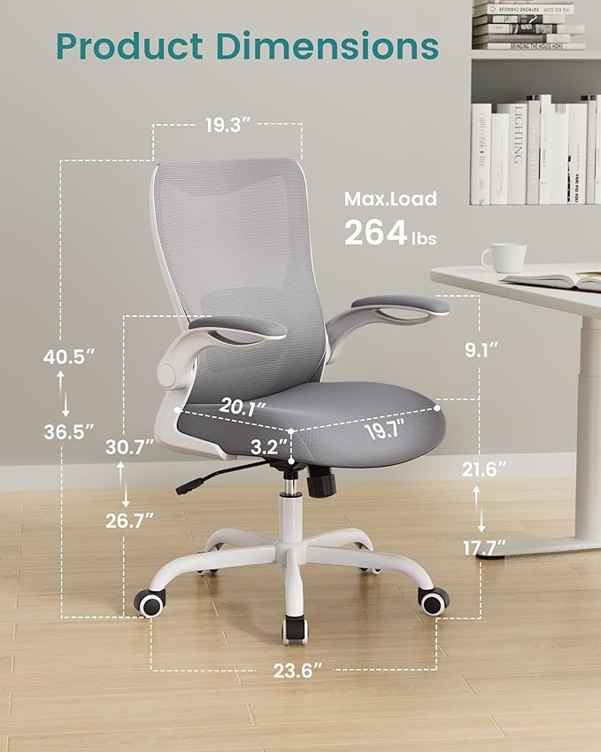 Office Chair, Ergonomic Desk Chair with Adjustable Lumbar Support and Flip up Armrest, Breathable Mesh Computer Chair for Home Office, Gray