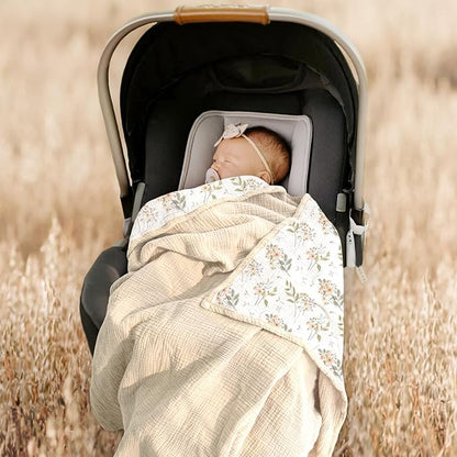 lulumoon Muslin Baby Blanket for Girls: Lightweight Cotton Blanket for Newborn - Soft Nursery Blanket for Stroller 47x47 Inches (Ivory Flower)