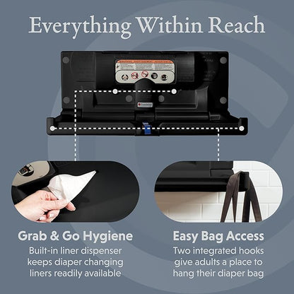Foundations Classic Horizontal Baby Changing Station w/EZ Mount Backer Plate, Wall Mounted, One Handed Adjustable Safety Strap & Liner Dispenser, Black (100-EH-BP-02)