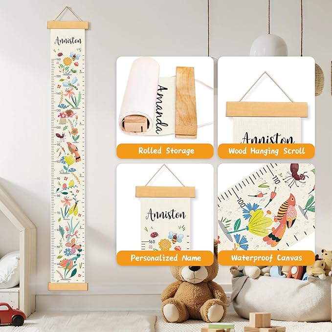 Personalized Name Growth Chart for Wall, Flower Birds Canvas Height Chart for Kids Baby Child Toddler Boys Girls, Canvas&Wood Growth Chart for Wall Room Nursery Decor,Easy Care