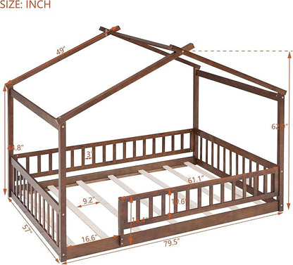 Merax Full Size Wooden House Bed with Fence, Wood Bed Frame with Roof and Safety Guardrail for Kids, Teens, Boys or Girls, Walnut