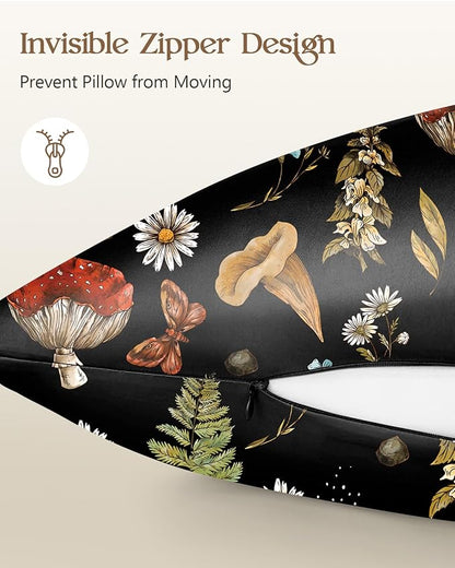 Silk Pillowcase 2 Pack - Pillow Cases 20" x 36" King Size Set of 2 for Hair and Skin Smooth Soft Breathable with Hidden Zipper Cooling Pillow Covers for Sleeping, Mushroom Plants