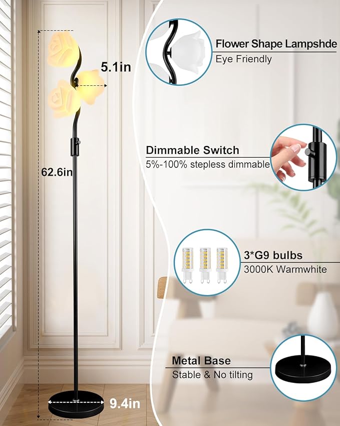 Dimmable Flower Floor Lamp, Modern Black Pole Standing Lamps