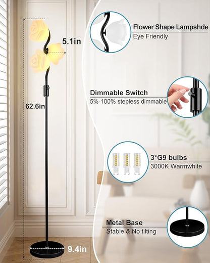 Dimmable Flower Floor Lamp, Modern Black Pole Standing Lamps