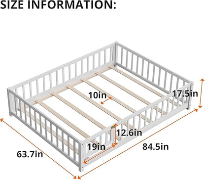 i-POOK Queen Floor Bed for Children, Sturdy Wood Montessori Bed Frame with Wood Slats, Fence & Door, Montessori Floor Bed for Girls and Boys, White