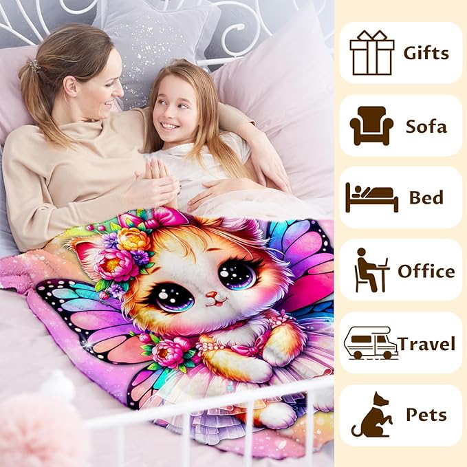 Cat Blanket for Girls, Throw Gift for Toddler Kids Daughter Cat Lovers 40x50 Inches Soft Warm Lightweight Throw Blankets for Sofa Couch Bed Trip