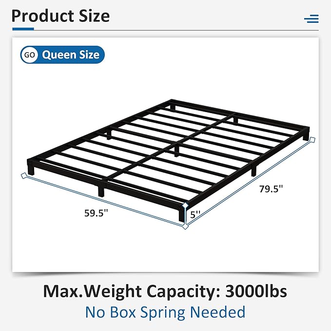 5 Inch Low Queen Bed Frame Heavy Duty Metal Platform, No Box Spring Needed, Easy Assembly Mattress Foundation, No Noise, Black