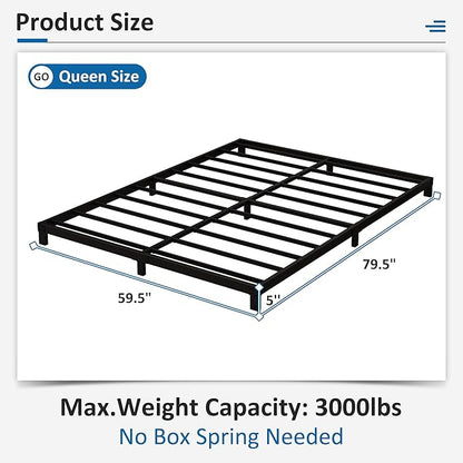 5 Inch Low Queen Bed Frame Heavy Duty Metal Platform, No Box Spring Needed, Easy Assembly Mattress Foundation, No Noise, Black