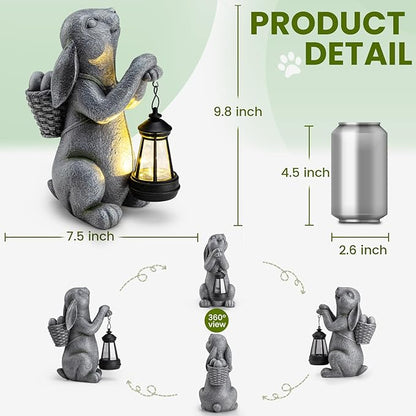 Solar Garden Outdoor Statues Rabbit with Solar Lantern,Outdoor Bunny Figurines Decorations,Lawn Decor Bunny Statue for Patio, Balcony, Yard Ornament,Unique Housewarming and Easter Gifts