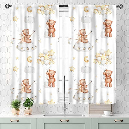 Cartoon Bear Curtains, Kids Boys Girls Cute Lovely Bear Star Cloud Ballon Pastel Window for Baby Living Room Bedroom Nursey Toddler Classroom 2 Panels, 55x39 Inch