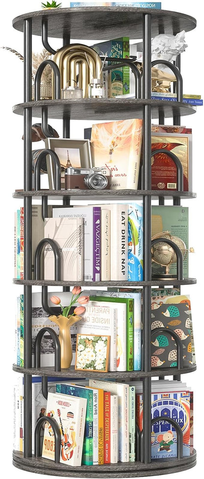 Aheaplus 5 Tier Rotating Bookshelf Tower, 360 Display Spinning Bookcase, Revolving Round Book Shelf Narrow Swivel Bookshelf, Vertical Turning Corner Book Organizer for Small Space, Black Oak