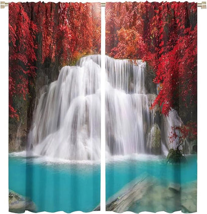 Red Forest Waterfall Blackout Windows Curtains, Tree Landscape Woodland Scenic Nature Fall Scenery Art Printed Curtains, for Living Room Bedroom 63x72in 2 Panels