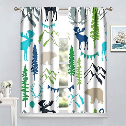 Forest Woodland Curtains, Wild Nature Bear Moose Deer Pine Trees Mountain Cabin Lodge Blackout Rod Pocket Windows Door Curtain for Bedroom Living Room Home Decor 63x72in
