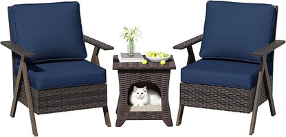 Patio Porch Furniture Chairs Set, 3 Pieces PE Rattan Wicker Chairs with Side Table, Outdoor Garden Furniture Sets for Garden Backyard Porch Poolside