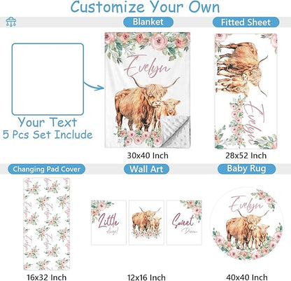 Custom Baby Crib Bedding Set, 5 Pcs Personalized Name Highland Cow Print Baby Crib Set, Double Layer Nursery Bedding Set for Baby Girls Boys, Ideal Gifts for Infant Toddler New Parents