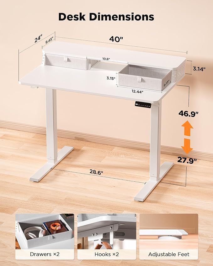 40x24 Inch Standing Desk with Double Drawers, C-Clamp Mount Compatible, Electric Adjustable Height Computer Stand Up Desks, Home Office Sit Stand Table with 3 Preset Heights & 2 Hooks, White