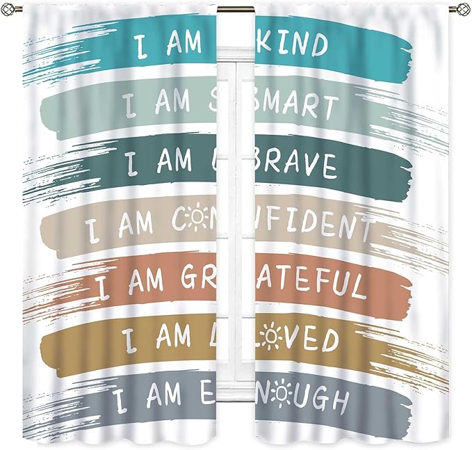 Rainbow Curtains for Classroom, Kids Girls Baby Boho Cute Inspirational Motivational Quotes Cartoon Colorful Pastel Nursery Classroom Bedroom Living Room Bathroom Window Drapes 2 Panels, 52"x84" Inch