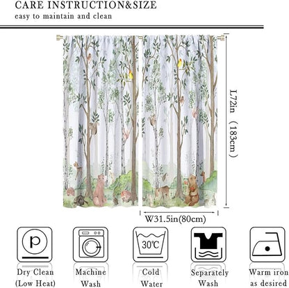 Kids Watercolor Woodland Animal Window Curtains, Bear Deer Squirrel Hedgehog Fox Birds Green Forest Blackout Rod Pocket Treatment for Boys Girls Bedroom 63x72in