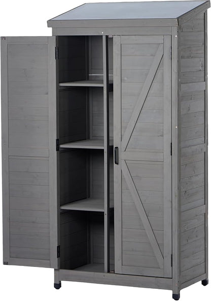 Stylish Grey & Solid Wood Outdoor Storage Shed – Durable Metal Top Vertical Tool Cabinet Ideal for Backyard, Garden, and Patio Organization