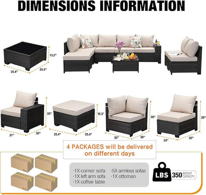 9 Pieces Patio Furniture Set All-Weather Outdoor Wicker Sectional Conversation Sofa Rattan Patio Seating Sofa with Cushion and Glass Table and Ottoman for Porch Poolside,Beige