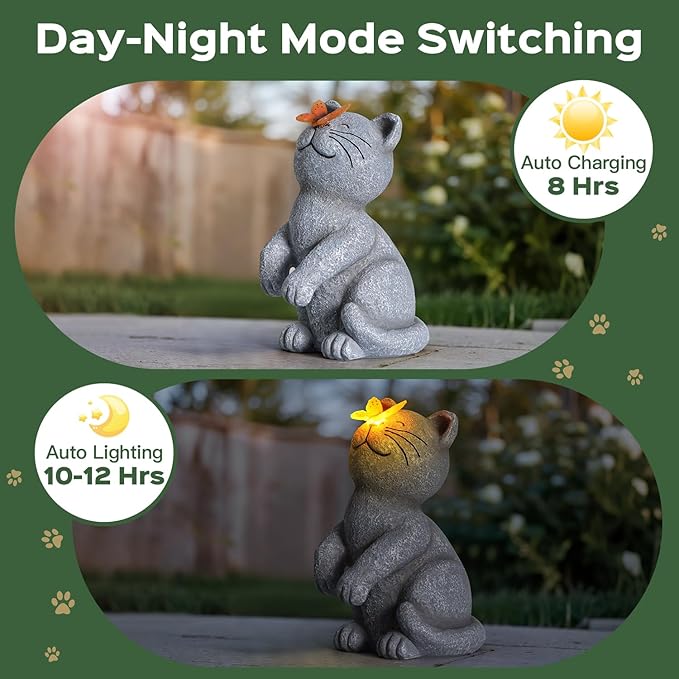 DyBaxa Solar Garden Décor, Garden Statues, Gifts for Women, Mom, Grandma, Patio, Balcony, Yard Decorations Outdoor - Unique Birthday & Housewarming Gifts, Cat Decor with Butterfly Light