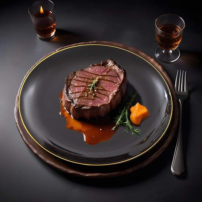 KIRE 100PCS Black and Gold Plates - Black Plastic Plates Disposable with Gold Rim for Halloween Party/Wedding/Birthday Include 50Pcs 10.25inch for Dinner and 50Pcs 7.5inch for Dessert/Salad