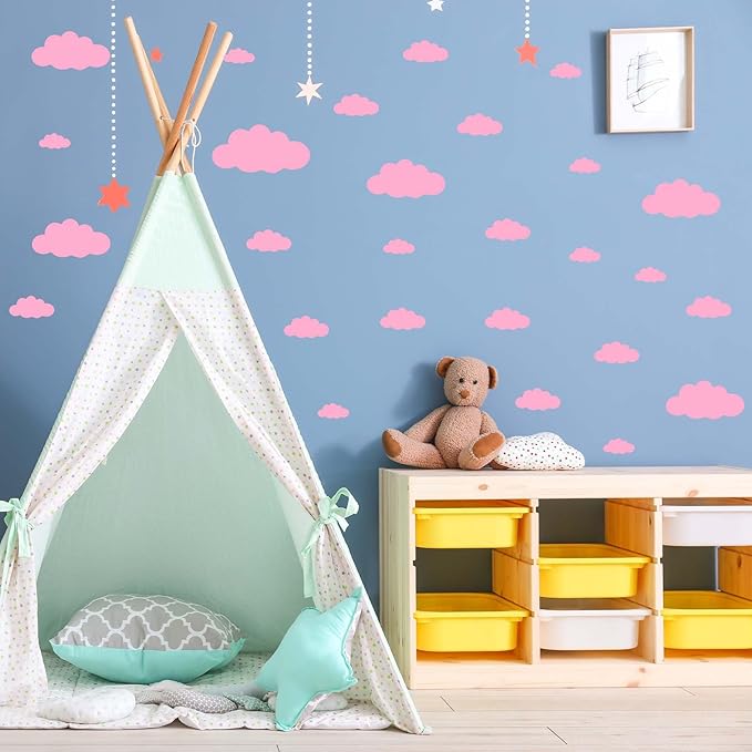 31PC Pink Cloud Wall Decals, Removable DIY Large Vinyl Sticker Self Adhesive Wallpaper for Living Room Nursery Children Baby Kids Boys Girls Bedroom Decor Home Art Mural Dec