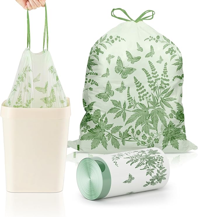 VOK 8 Gallon Trash Bags with Butterfly Printed & Sweet Wormwood Scent, Drawstring Medium Garbage Bags, Tear-Resistant & Fragrant Trash Can Liners, Trash Bags 8 Gallon for Home/Office, 25 Counts
