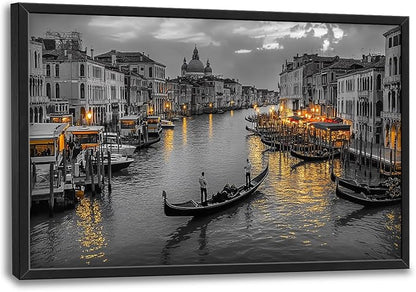 Olivine Italy Large Wall Art, Venice City Pictures Wall Decor, Black and White Painting, Cityscape Canvas Prints, Framed Artwork for Dining Room Living Room Bedroom Bathroom Office Home Decor 36"x24"
