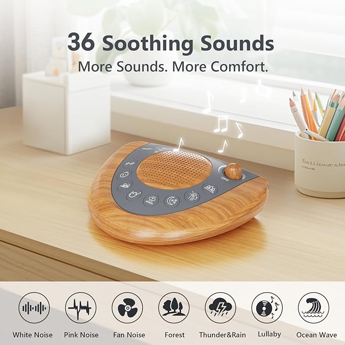 Sleep Sound Machine, Portable Battery Powered Noise Machine with 36 Soothing Sounds, USB Charger, Auto-Off Timer, Adjustable Volume, Headphone Jack for Baby, Kid, Adult