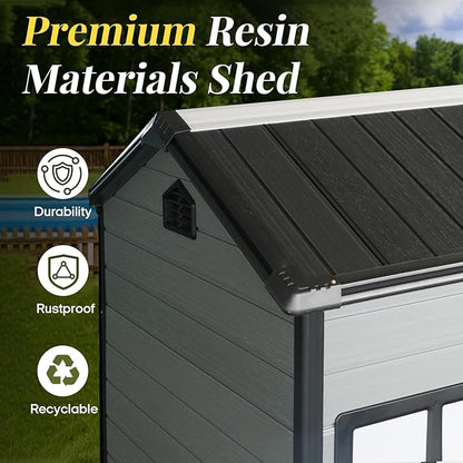 8x4 FT Resin Storage Shed with Floor Included, Outdoor Plastic Sheds & Outdoor Storage Clearance with 2 Windows and Lockable Door, Backyard Storage Shed for Garden Tools, Bike, Black+Grey