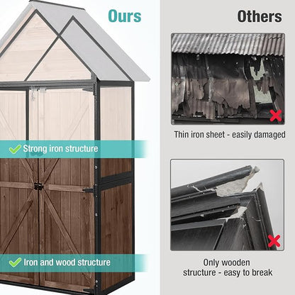 Sheds Outdoor Storage,Garden Shed with Metal Frame Structure and Adjustable Shelves,Large Capacity Storage Tool Cabinet Box for Backyard Garden Patio Lawn (Dark Brown)