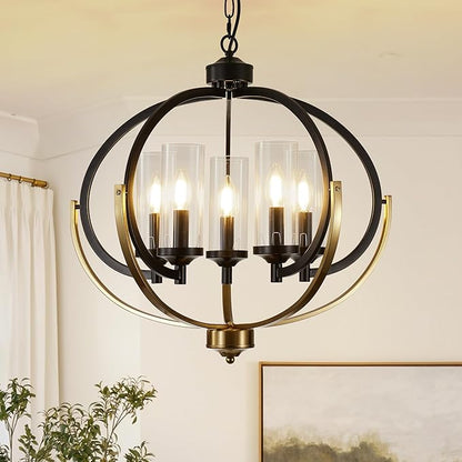 WJShome 5-Light Black and Gold Chandelier, 24" Farmhouse Dining Room Light Fixture, Adjustable Hanging Ceiling Lantern Pendant Light, with Glass Shade Globe Chandeliers, for Kitchen, Bedroom, Foyer