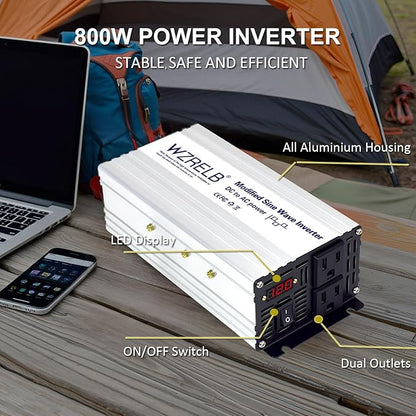 WZRELB 800W Power Inverter 12V DC to 110V 120V AC,1600W Peak Modified Sine Wave Car Inverter with LED Display,Dual AC Outlets,Soft Starter,Off-Grid Power Converter with High Efficiency up to 90%