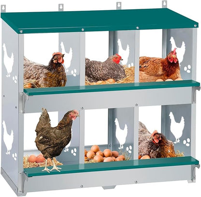 Garvee Large Metal Chicken Nesting Boxes for Hens, 6 Compartment Galvanized Steel Nesting Box, Includes 4 Fake Eggs & 10 Soft Nest Pads Pads, Wall Mount or Freestanding for Coop & Farm