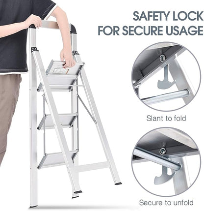 KINGRACK Aluminium 3 Step Ladder, Lightweight Step Stool with Non-Slip Pedals, Handrail, 330 LBS Foldable Step Ladder for Kitchen, Garage, Home, Space Saving, Sturdy and Portable, Silver