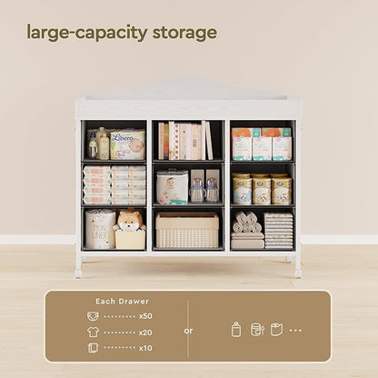 Baby Changing Table with 9 Fabric Drawers, Waterproof Diaper Changing Station & Pad, Mobile Nursery Diaper Changing Table, Baby Furniture, Bedroom, White