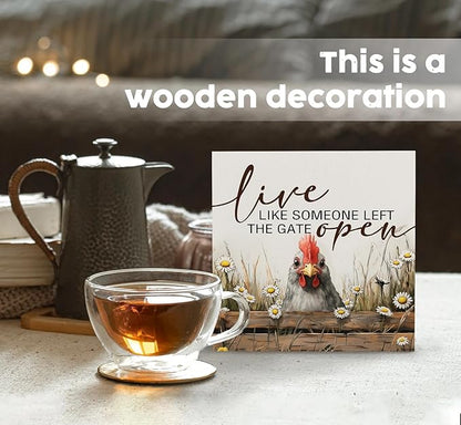 Chicken Rooster Decor Signs,Cottagecore Chicken Wooden Signs,Rustic Farmhouse Live Like Someone Left The Gate Open Wood Sign,Farm Animal Rooster Decor For Kitchen Office Badroom 8x8 Decorative Signs & Plaques