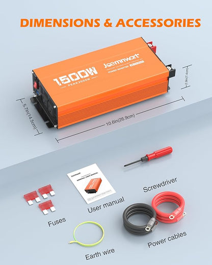1500W Inverter 12V DC to 120V AC Converter with 2 AC Outlets, QC3.0/PD30W Fast Charging USB Ports, Car Power Inverter Adapter for Vehicles