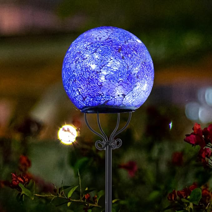 VCUTEKA Solar Outdoor Lights Garden Decor Mosaic Solar Garden Lights Waterproof Glass Ball LED Pathway Stake Light for Landscape Lawn Patio Yard Decoration 6 inch, Blue