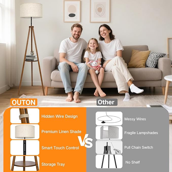 OUTON Wood Tripod Floor Lamp with Shelves, Mid Century LED Modern Dimmable Floor Lamp with Remote & Touch Control, Sturdy Tall Standing Lamp for Living Room, Bedroom, Office, Walnut