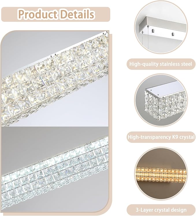 W48 Modern Rectangular Crystal Chandeliers Dining Room Chandelier