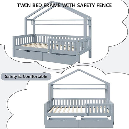 Aoowow Twin Size House Bed with Storage Drawers and Shelf,Kids Wooden Bed Frame Twin Platform Bed with Slats and Fence for Boys Girls Teens for Bedroom(Grey)
