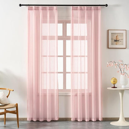 Blush Pink Sheer Curtains 108 Inches Long, Linen Look Textured Light Filtering Drapes for Girls Room, Light Pink Transparent Window Decor, Floor to Ceiling Pinch Pleat Curtain with Hooks