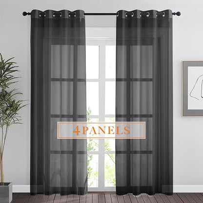 RYB HOME Light Filtering Curtains 84 Inches Long for Living Room, Lightweight Voile Airy Drapes Sheer Window Treatments Grommet Curtains for Kitchen Bedroom, Black, 54" W x 84" L, 4 Pieces