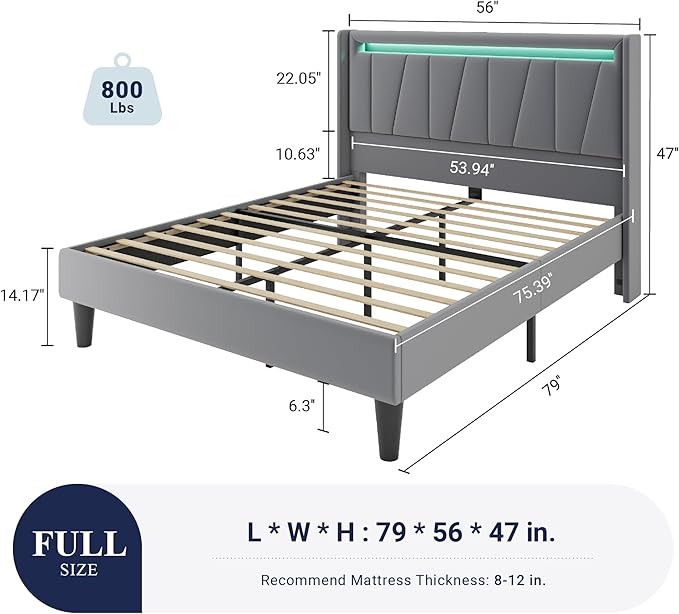 Allewie Full Size LED Bed Frame with Charging Station, Velvet Upholstered Platform Bed with Geometric Wingback Headboard, Modern Frame with No Box Spring Needed, Easy Assembly, Grey