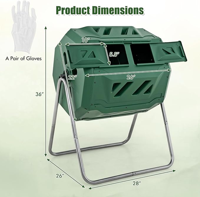 Goplus Compost Tumbler, 43 Gallon Rotating Compost Bin Barrel, Dual Chamber Tumbling Composter with Sliding Door, Gloves, Aeration System for Outdoor, Garden, Yard