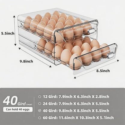 HIYOHIYO Clear 40 Egg Holder for Fridge, High Capacity Egg Storage for Refrigerator, Large Egg Container for Refrigerator, Stackable Eggs Storage Trays for Countertop (2 Layer, 9.8"x 8.5"x 5.5")