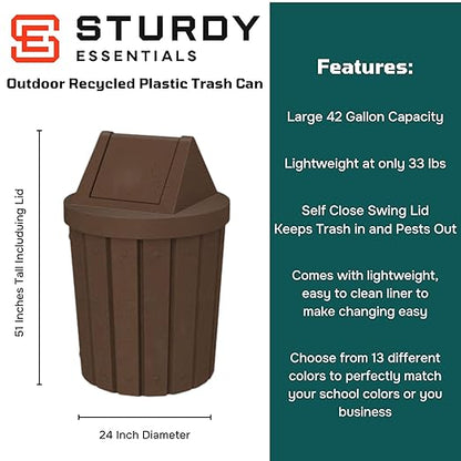 42 Gallon Round Slatted 100% Recycled Plastic Indoor or Outdoor Commercial Trash Can with Easy Access Swing Top Lid | Great for Schools and Businesses - Brown Granite